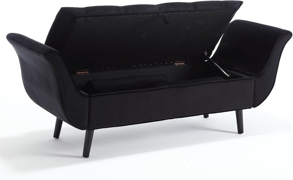 65" Black Velvet Storage Bench End of Bed Couch, King Size Tufted Upholstered Ottoman Benches with Rolled Arms and