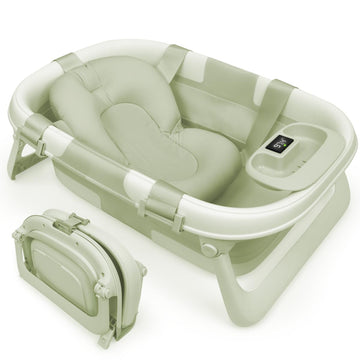 Foldable Baby Bathtub - Portable for Travel - Thermometer (Sage)