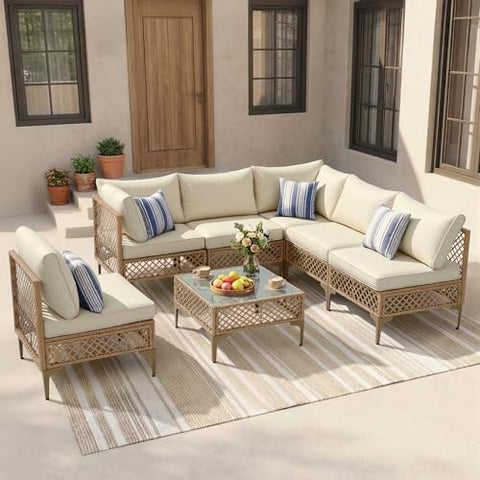 7-Piece Wicker Outdoor Patio Furniture Set | Beige for Backyard, Garden & Porch