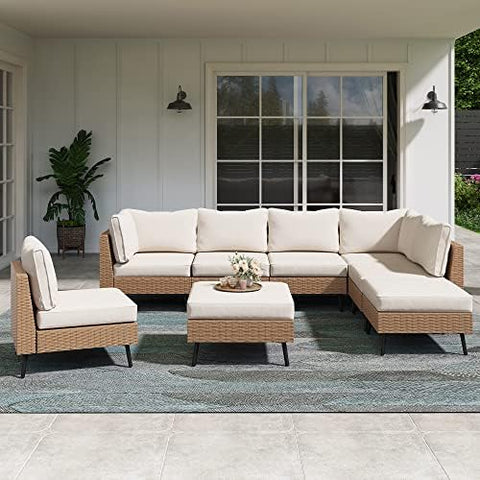 8-Piece PE Rattan Outdoor Patio Furniture Set | Beige All-Weather Resistant with Thick Cushions for Backyard, Garden & Porch