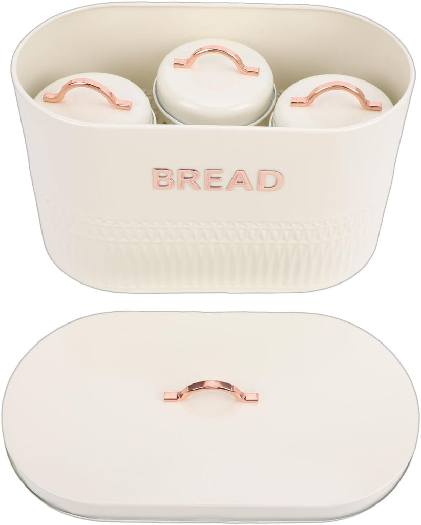 Kitchen Canister Set with Bread Box for Countertop, 4PC Iron Coffee Tea Sugar Canisters Storage with Lid, Airtight