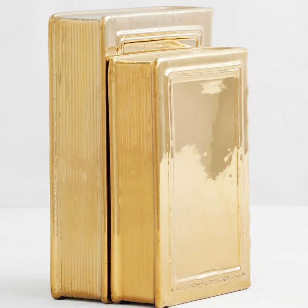 Ceramic Book Set of 2, Gold | Pair of Books Sculptures, Elegant Shelf & Table Decor