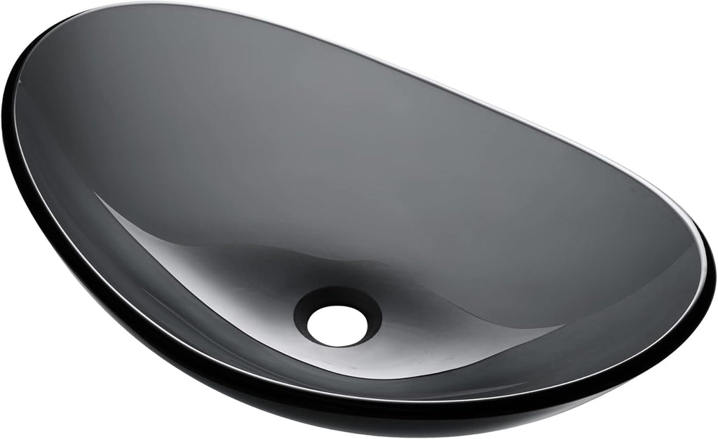 Aquaterior Tempered Glass Bathroom Vessel Sink Oval Vanity Above Counter Top Mount Basin Clear Grey Industrial Modern