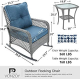 3-Piece Wicker Outdoor Patio Furniture Set - Rocking | Blue with Thick Cushions for Backyard, Garden & Porch