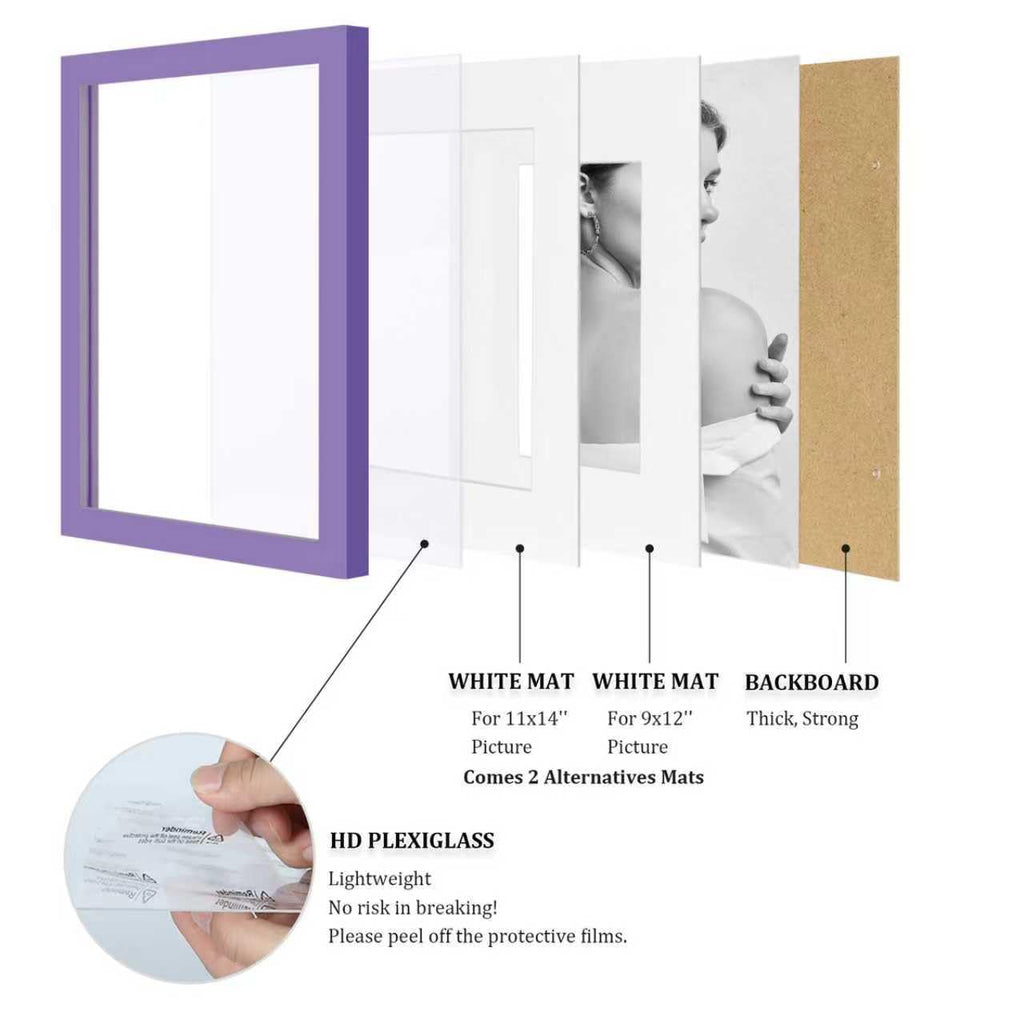 12x16 Picture Frames 4PCS Covered by Plexiglass, Made of Solid Wood, Display Pictures 9x12/11x14 with Mat or 12x16