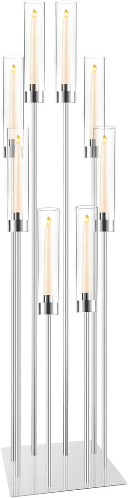 Large Floor Candelabra for Centerpiece: 8-arm Floor Candleholders with Acrylic Shades for LED Candles, Metal Pillar