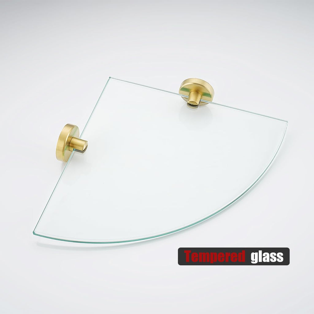 Corner Glass Shelf, Brushed Gold Bathroom 304 Stainless Steel Shower Triangle Floating Wall Shelf, 10 x 10 Tempered