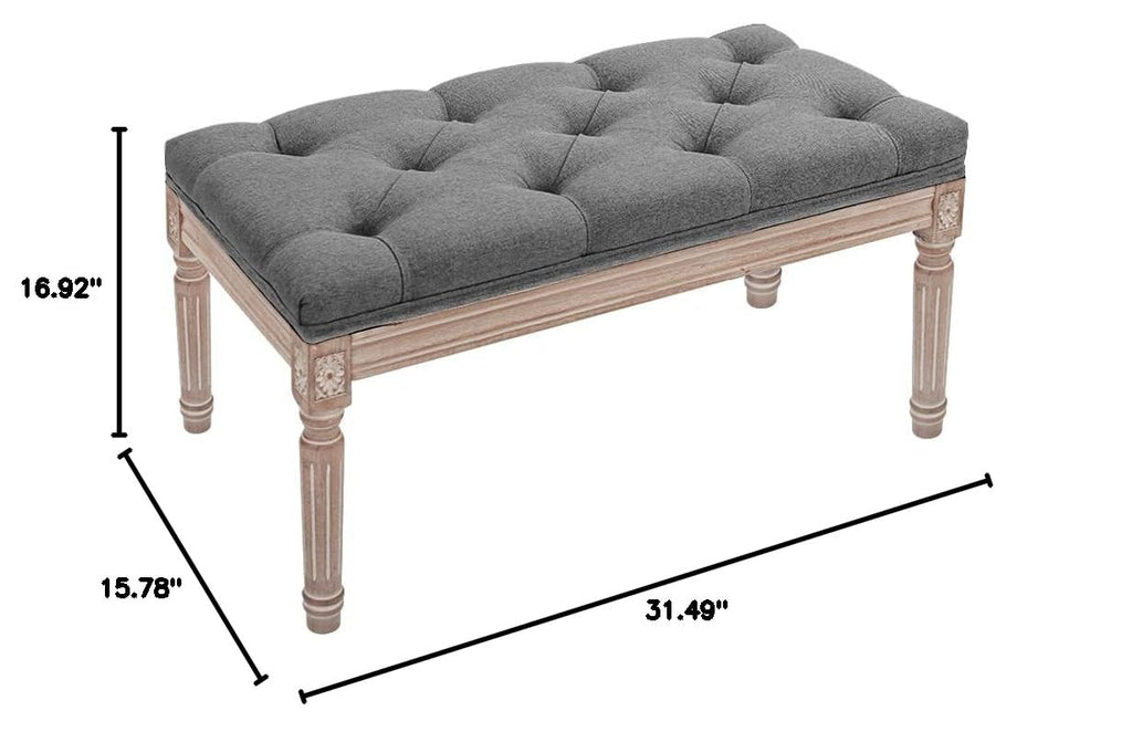 31.5 Inch Fabric Upholstered Entryway Ottoman Bench - Classic Bedroom Bench with Rustic Wood Legs, Set of 1, Dark Grey