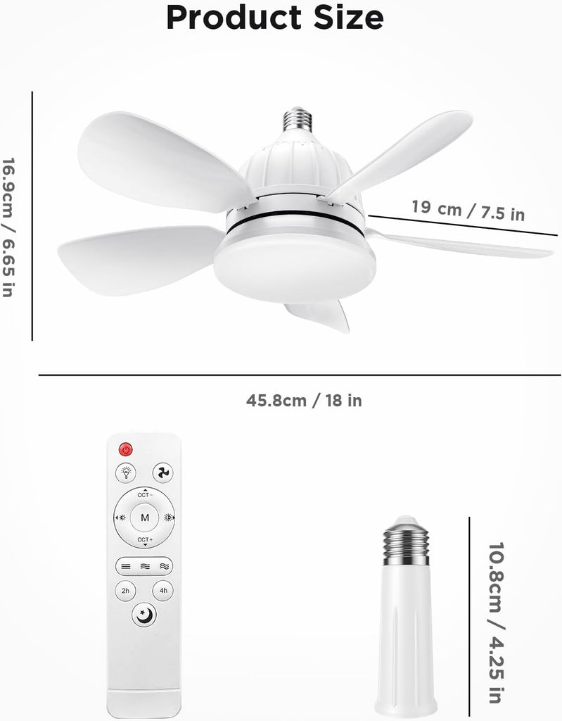 Socket Fan Light with Remote: 18'' Small Ceiling Fans with Lights, 2000 Lumens Dimmable Led Bulb, 3 Colors 3000K-6500K, Easy Install Screw in E26 Base for Bedroom Living Room Kitchen Garage A101-B0DM17J82H