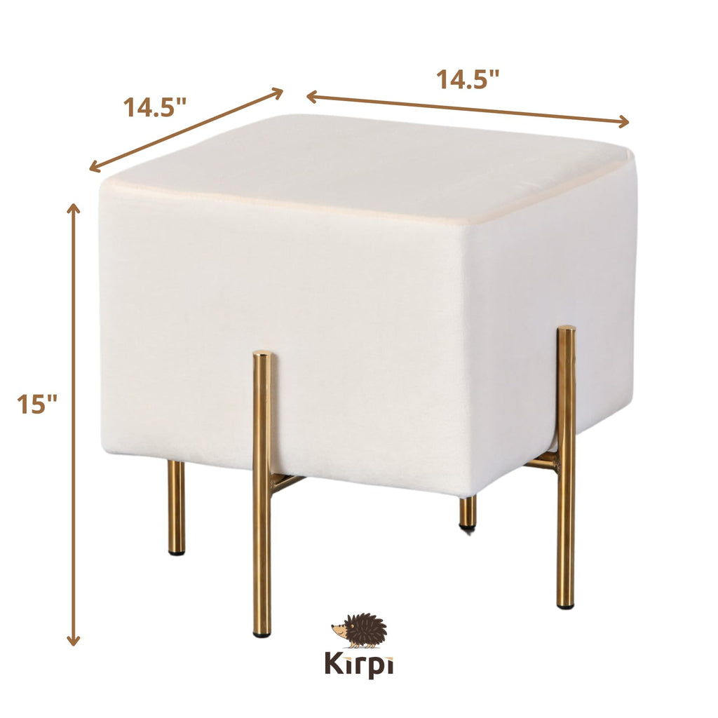 Cream Velvet Foot Stool Set of 2, Modern Vanity Ottoman Stools with Gold Legs, Cube Accent Foot Rest Bedroom Makeup