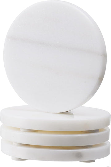 Marble Coasters, 4-inch Round Natural Stone Drink Coasters with Non-Slip Backing, Heat Resistant Coaster - Set of 4