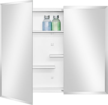 White Metal Double Door Medicine Cabinet 30 x 24 Beveled Mirror, Wall Mount | Double Door Metal Mirror Cabinet with