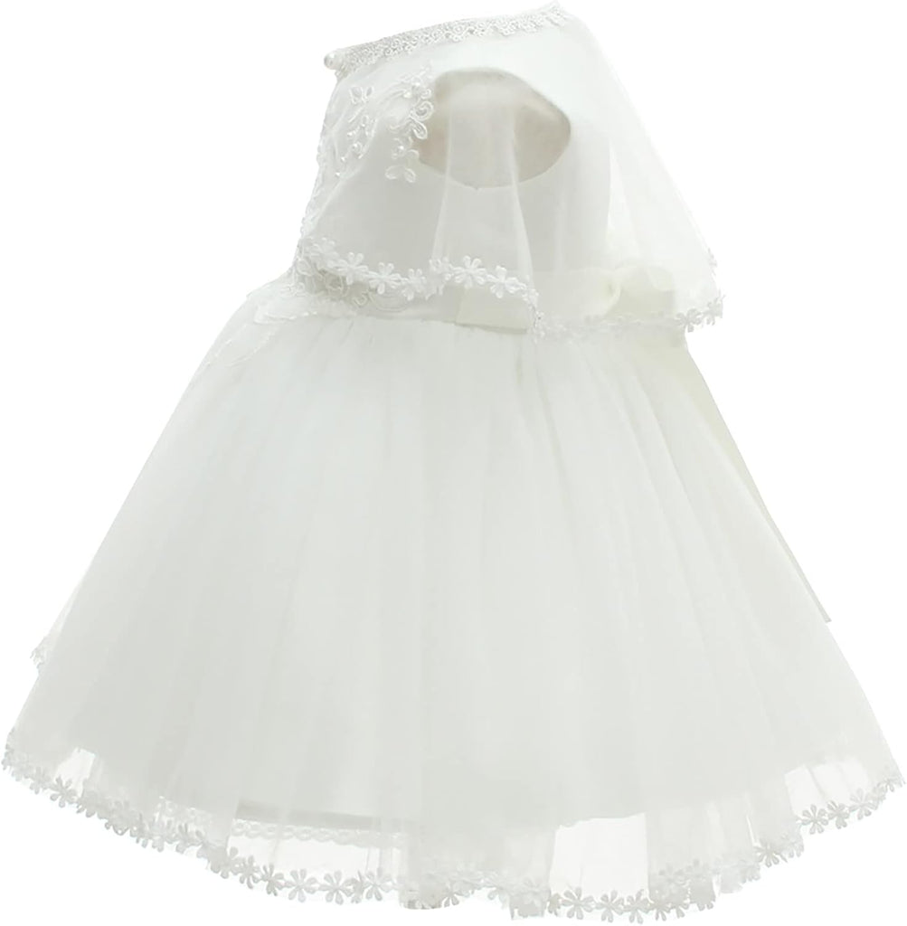 Baby Girls White Christening Dress With Bonnet Baptism Gown Lace Dress for Wedding Birthday