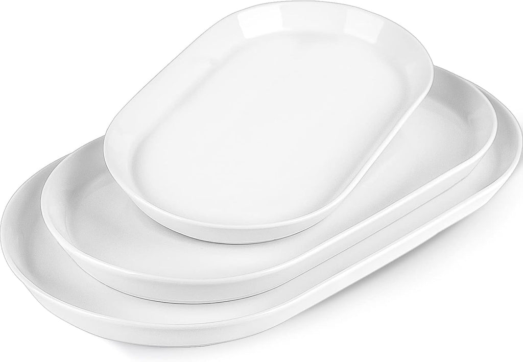 Large Oval Serving Platter Set of 3 (16"/14"/12") - White Ceramic Turkey Platters for Entertaining, Party Serving