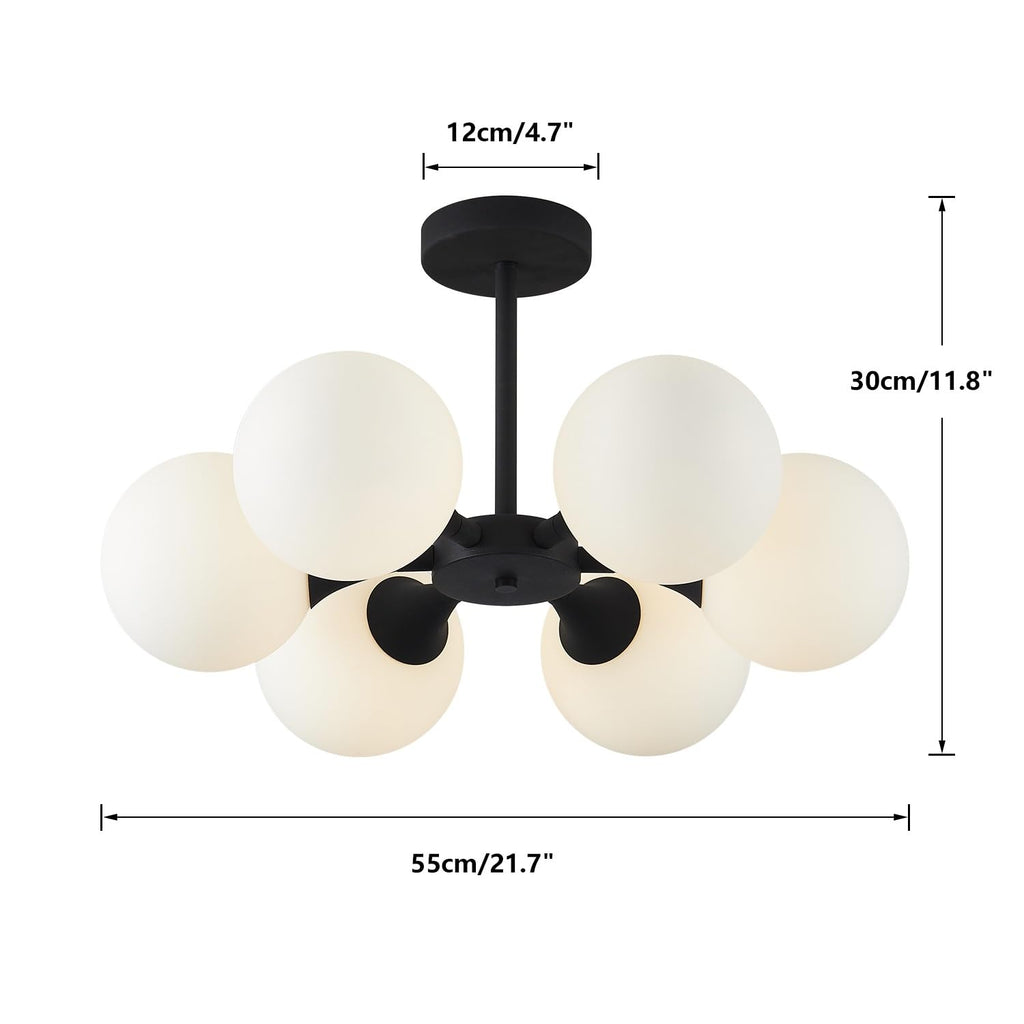 6-Light Black White Milk Glass Globe Semi Flush Mount Ceiling Light