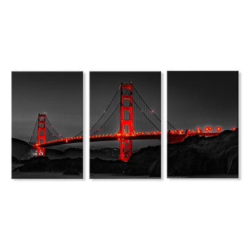 3 piece Large Black and Red Wall Set Golden Gate Bridge Skyline Canvas Wall San Francisco Bay Area Landscape Pictures