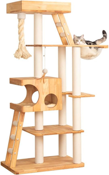 61.8" Wood Cat Tree Tower for Large Cats, Acrylic Bowl & Ladder