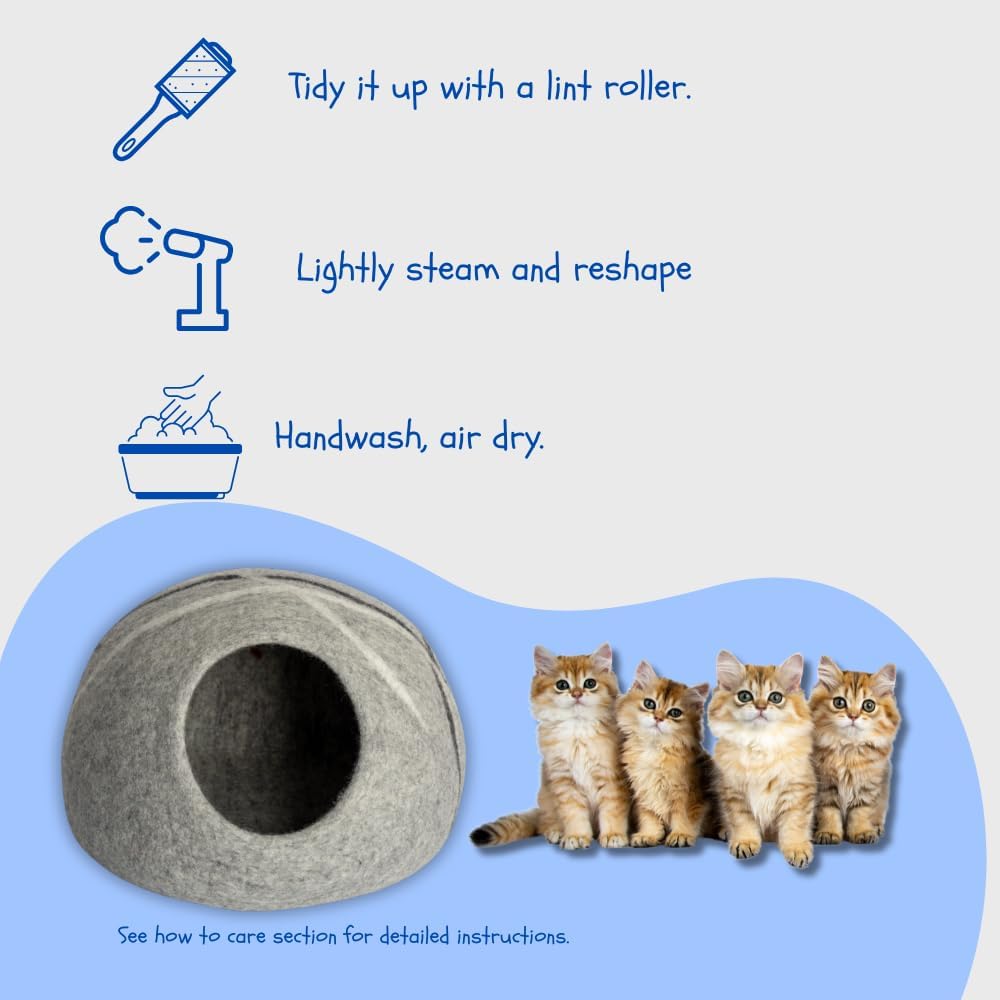 Felt Cat Cave - 17x17x12 in Merino Wool Cat Bed for Indoor Cats, Hideaway Pod (Gray, up to 20 lb)