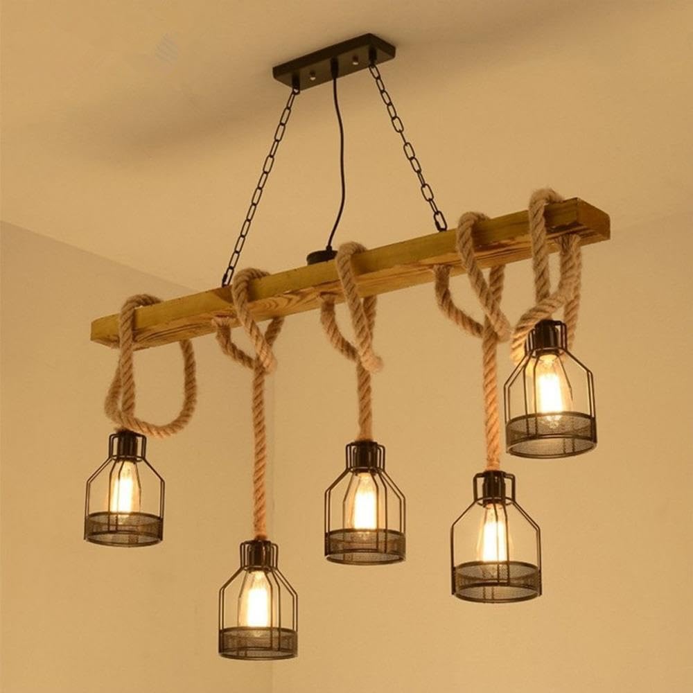 Industrial Farmhouse Linear Chandelier, 5-Light Wood Beam Island Pendant Light with Hemp Rope & Metal Cage Shades