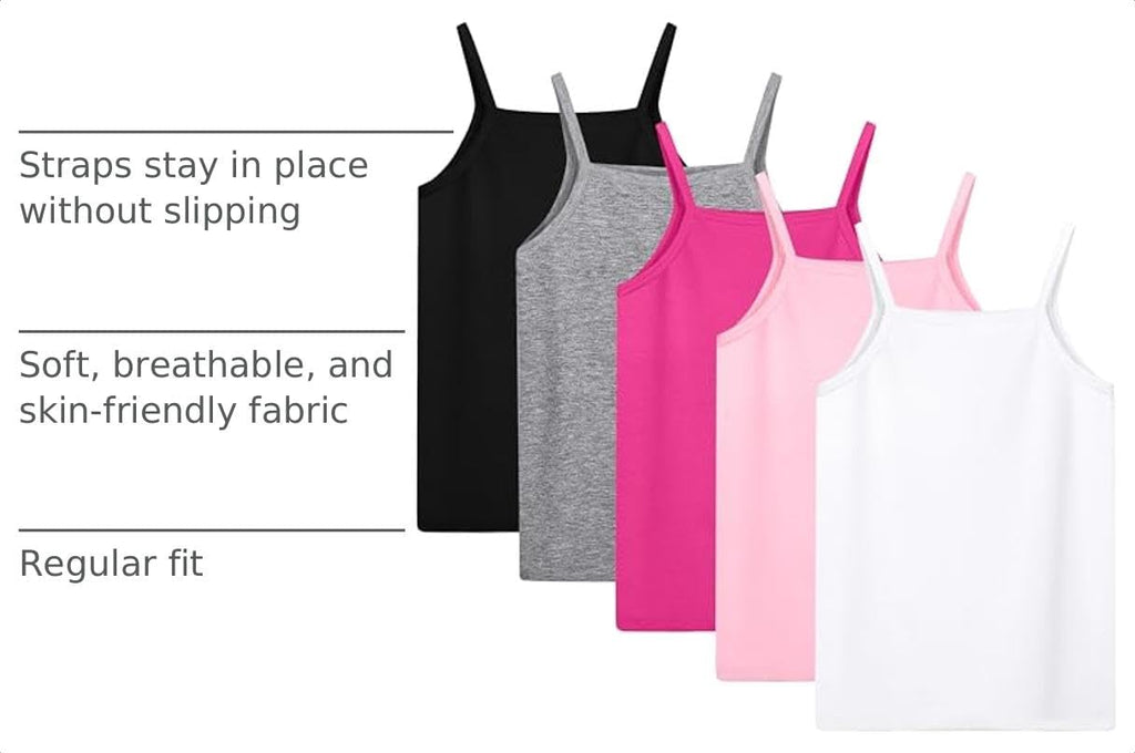 5 Pack Girls Tank Tops Soft Solid Sleeveless Cami Undershirts