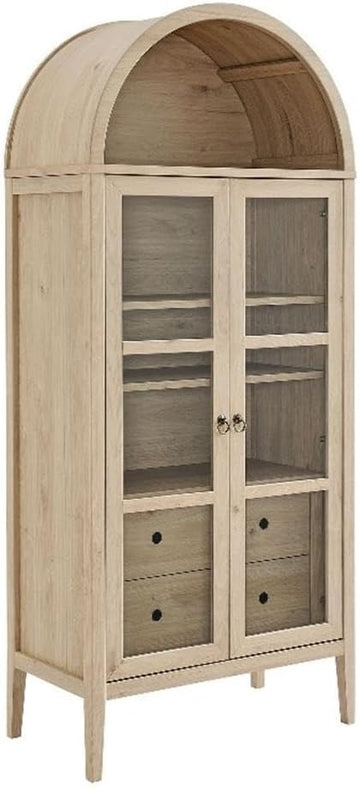 Nolan Modern Farmhouse 71 Inch Tall Arched Storage Display Cabinet in Light Oak Wood Grain - 4-Tier Bookcase with
