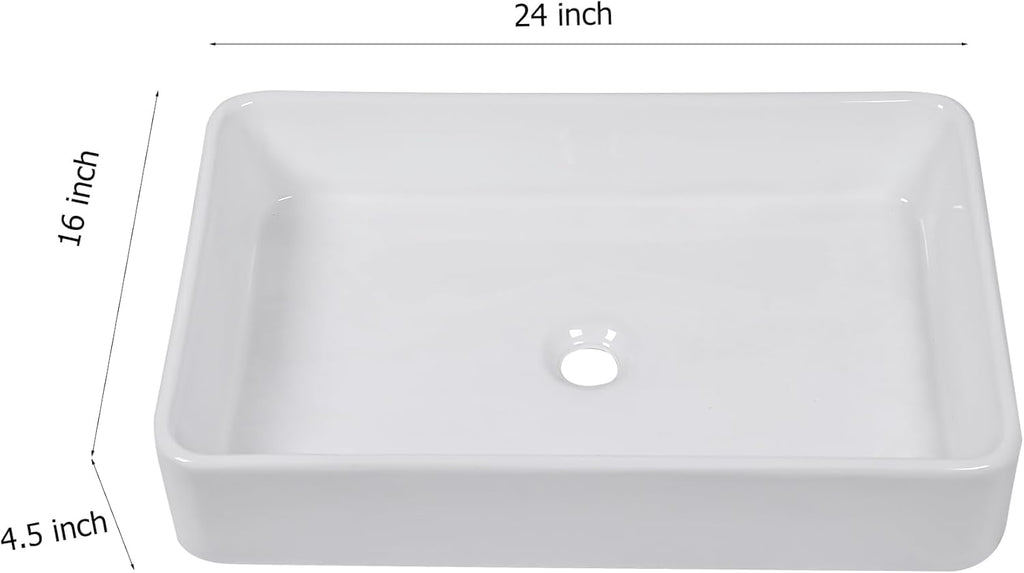 Mocoloo Rectangle Vessel Sink Above Counter 24"X16" Bathroom Sink Countertop White Porcelain Ceramic Lavatory Vanity