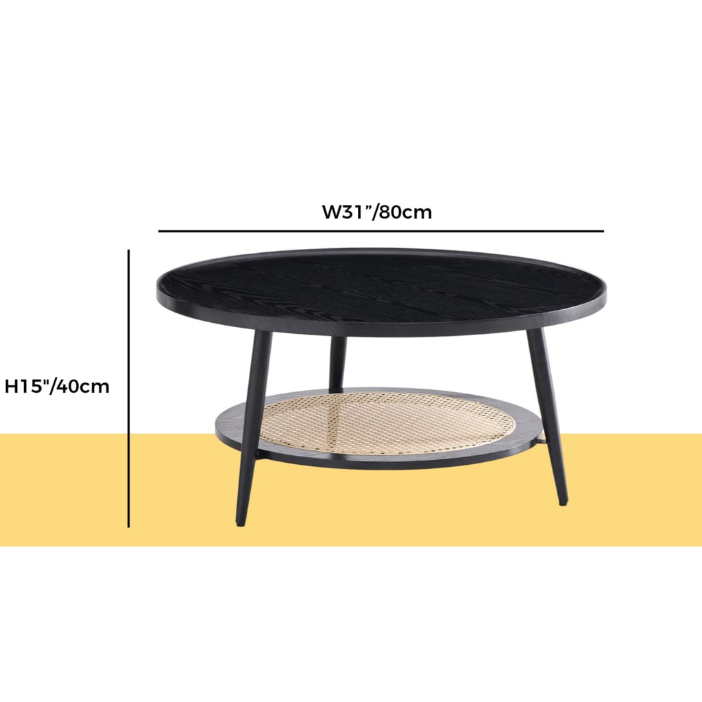 Mossi Wood and Rattan Coffee Table, Mid Century Modern Round Coffee Table, 2-Tier Boho Center Table for Small Space