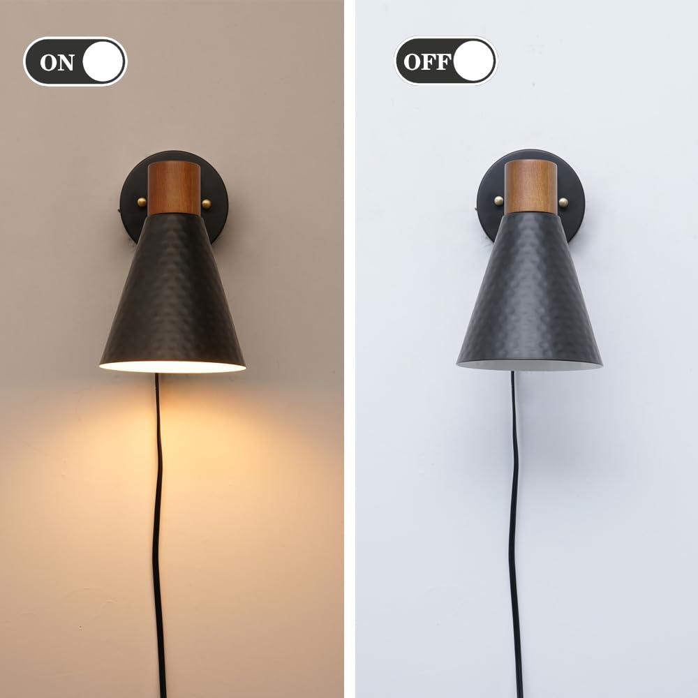 Black Plug in Wall Sconces Set of 2, Modern Bedroom Wall Light with on/off Cord, Wooden Plug Sconce with Hammered
