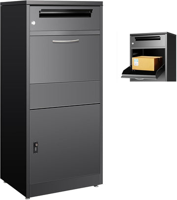 45" Package Delivery Box - Lockable Black Metal Parcel Drop Box, Anti-Theft, IPX4 Waterproof