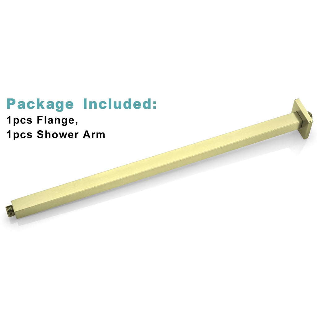 24 Inch Brushed Gold Ceiling Mount Shower Arm and Flange, Square Rain Shower Arm