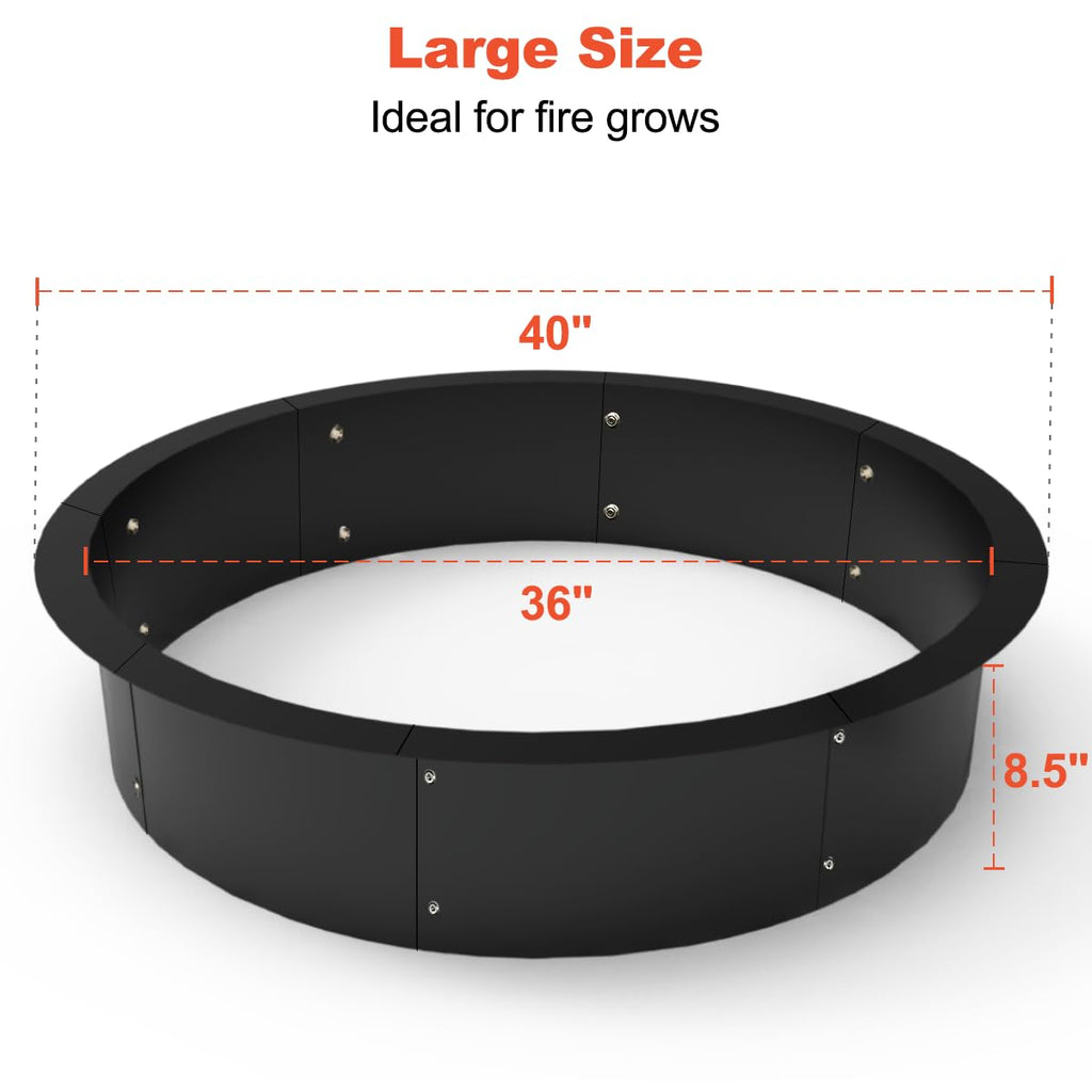 Outdoor Fire Pit Ring Liner 40-Inch Outer/36-Inch Inner Diameter, Heavy Duty Solid Metal Steel Round Firepit Rim