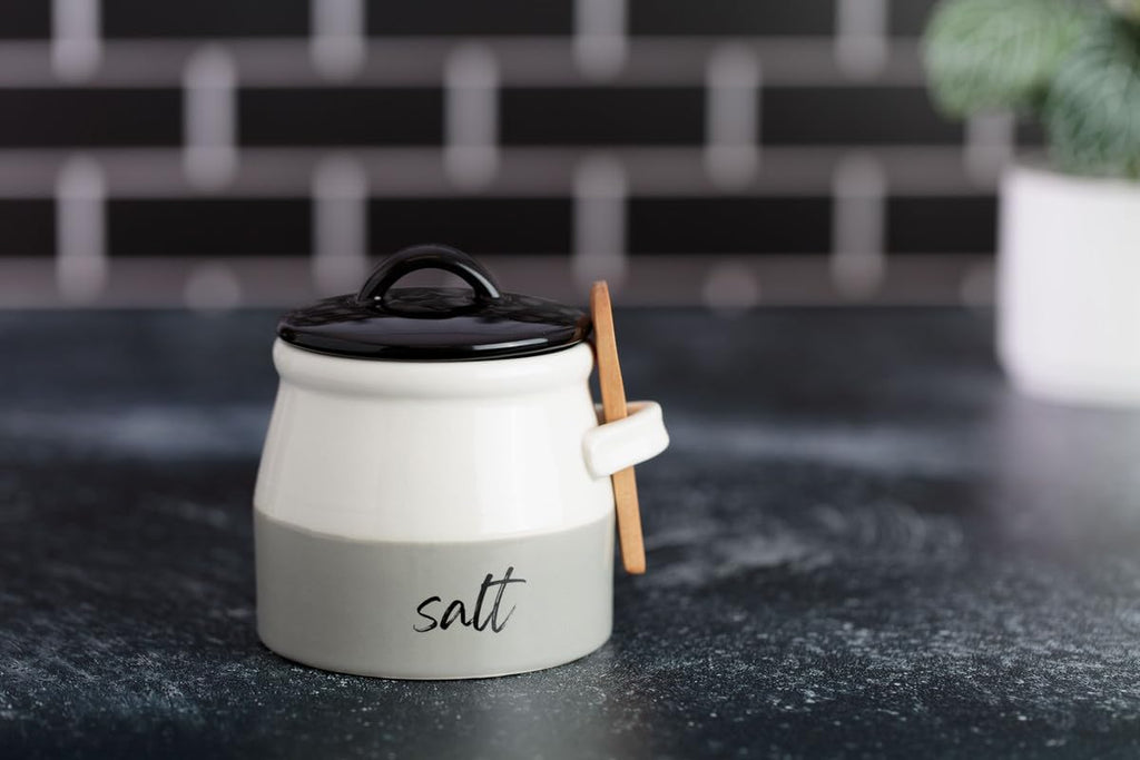 Salt Cellar with Lid and Spoon 10 oz - Handmade Ceramic Salt Keeper with 1.75 inch Lid and 3 inch Bamboo Spoon