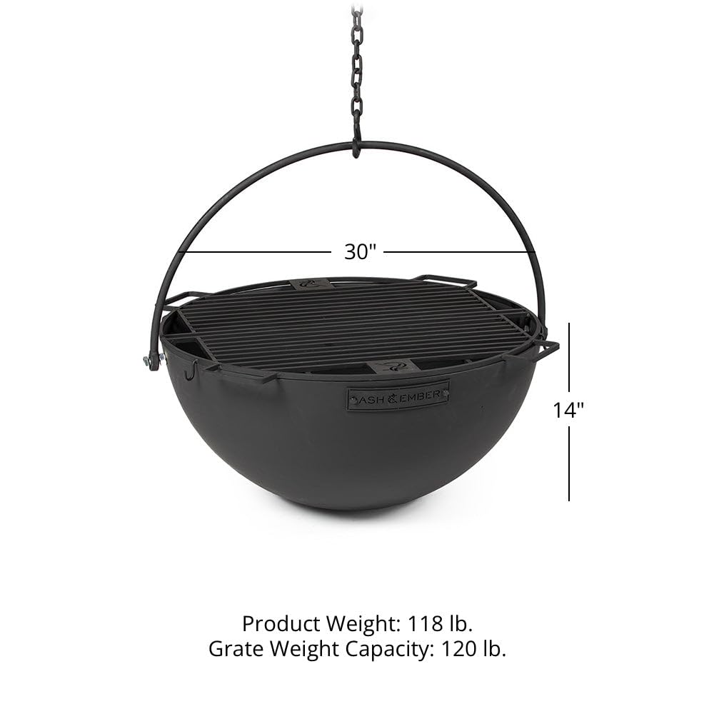Ash & Ember 30" Cast Iron Cauldron Fire Pit Bowl with Double Hinged Grill Grate-Easy-Lift Handles & Handing Chain