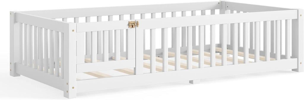 Twin Size Floor Bed Frame with Fence and Door for Kids, Montessori Floor Bed with Slats and Safety Guardrails,Solid