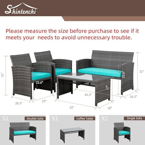 4-Piece Wicker Outdoor Patio Furniture Set - Conversation | Blue for Patio, Garden & Porch