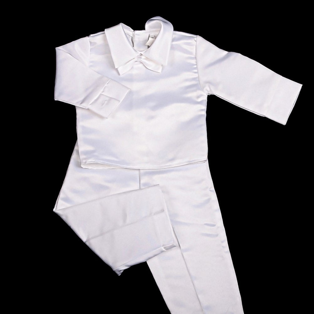 Baby Boys Baptism Christening Clothing Outfit White Satin Suit 4 Piece Set with Bonnet Months Long Sleeve