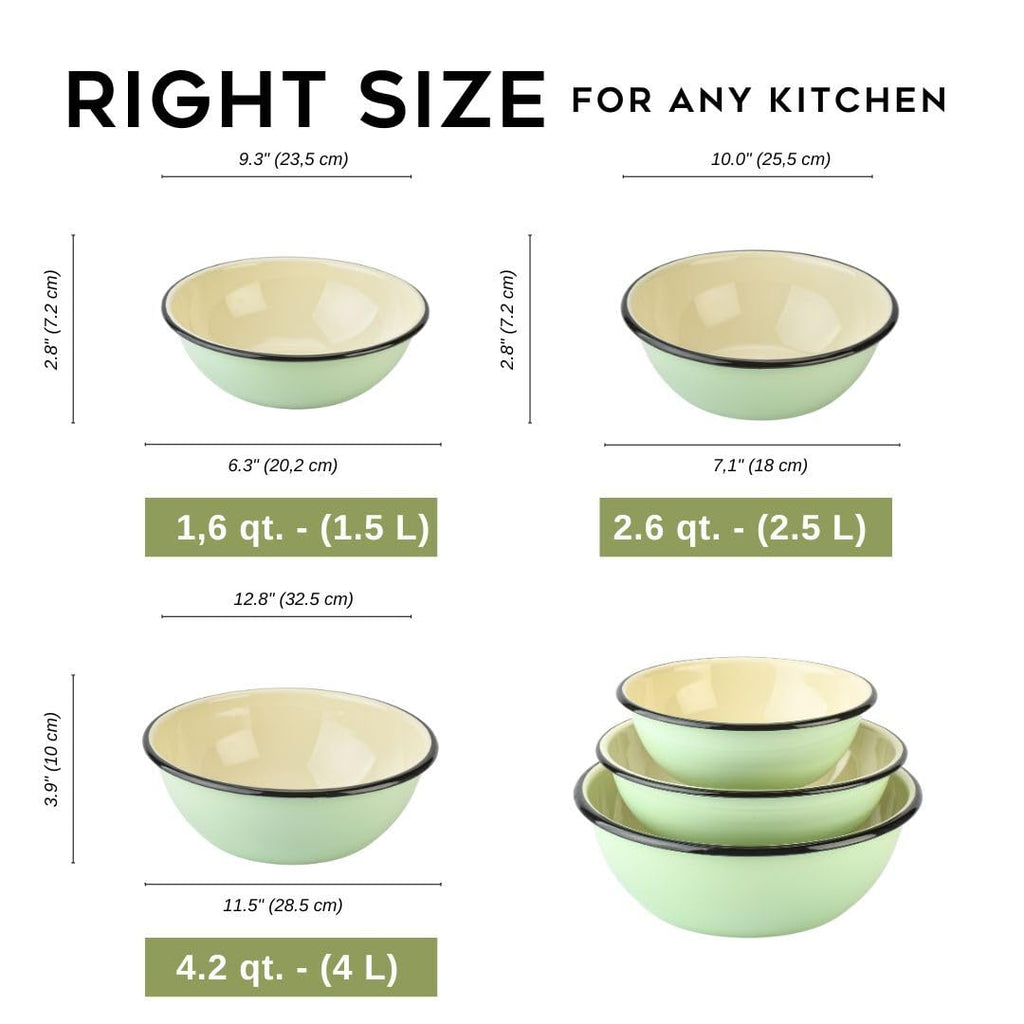 Enamel Bowl Set of 3 pcs Enamel Serving Bowls, Enameled Steel Mixing Bowls for Cooking Prepping, Kitchen Fruit Salad