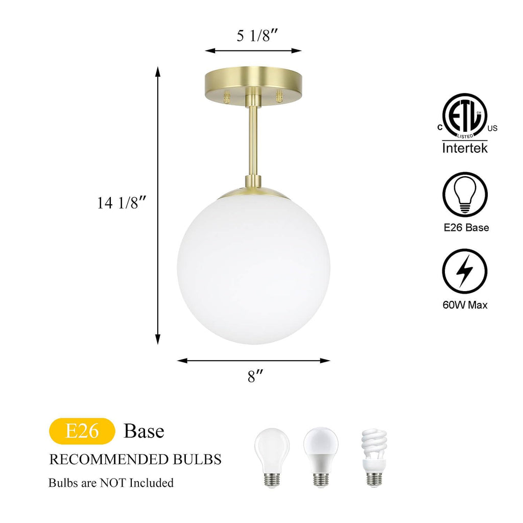 8" Globe Ceiling Light Semi Flush Mount Brass