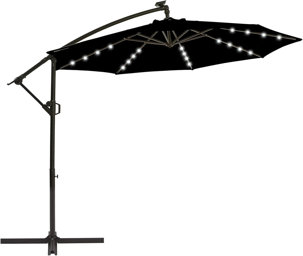 10ft Solar LED Offset Patio Umbrella, Outdoor Cantilever Patio Umbrellas with Solar Lights and Garden