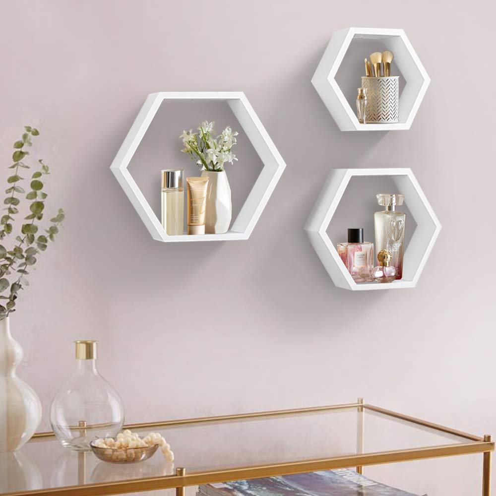 Hexagon Floating Shelves Set of 3, White Engineered Wood Wall Mounted Display Shelves, Modern Honeycomb Wall Decor