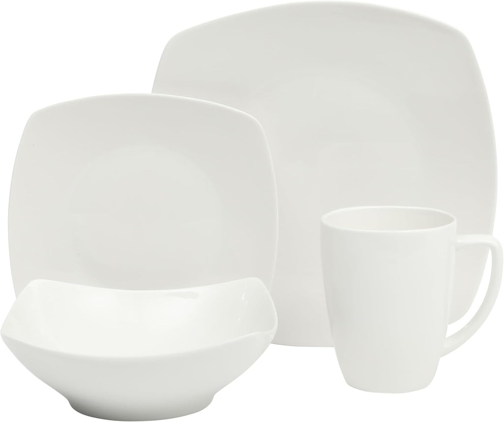 Zen Buffet White Porcelain Dinnerware Set for 4, Square Plates Bowls and Mugs, Chip and Scratch Resistant