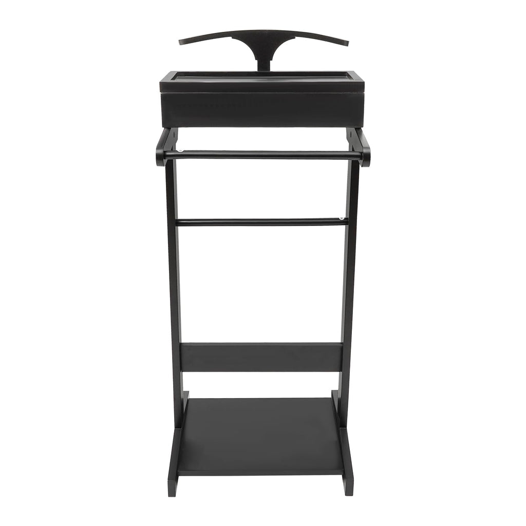 Suit Valet Stand Wood Valet Stand for Man, Clothing Valet Stand with Contour Hanger, Tray, Trouser Bar, Tie Bar and
