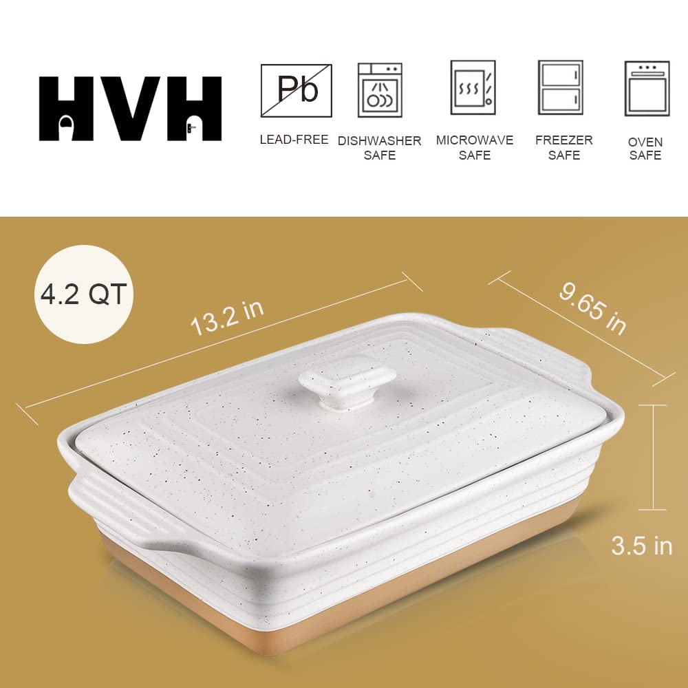Ceramic Casserole Dish with Lid - Oven Safe, 9x13 Rectangular Baking Dish, 3.5 Quart, Farmhouse Style (White)
