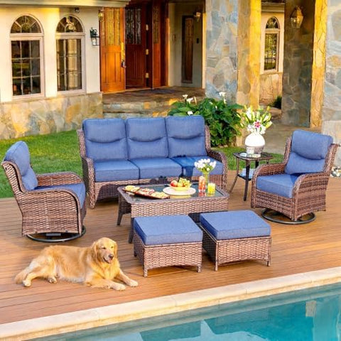 7-Piece Wicker Outdoor Patio Furniture Set - Swivel | Blue with Thick Cushions for Patio, Garden & Porch