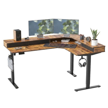 63"x48" L Shaped Standing Desk with Drawers & Shelf, Rustic Brown