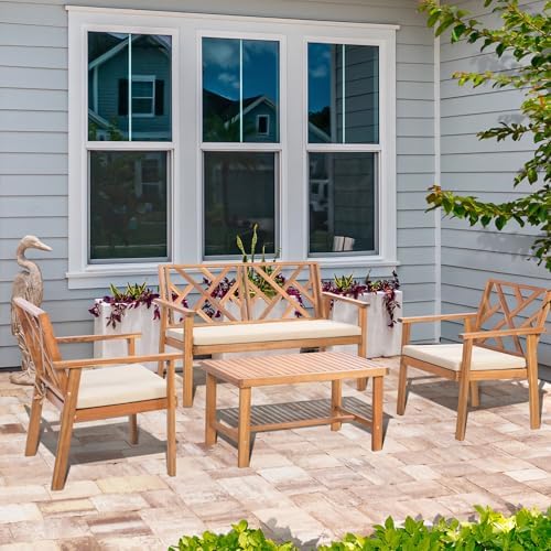4-Piece Acacia Wood Outdoor Patio Furniture Set - Conversation for Backyard, Garden & Porch