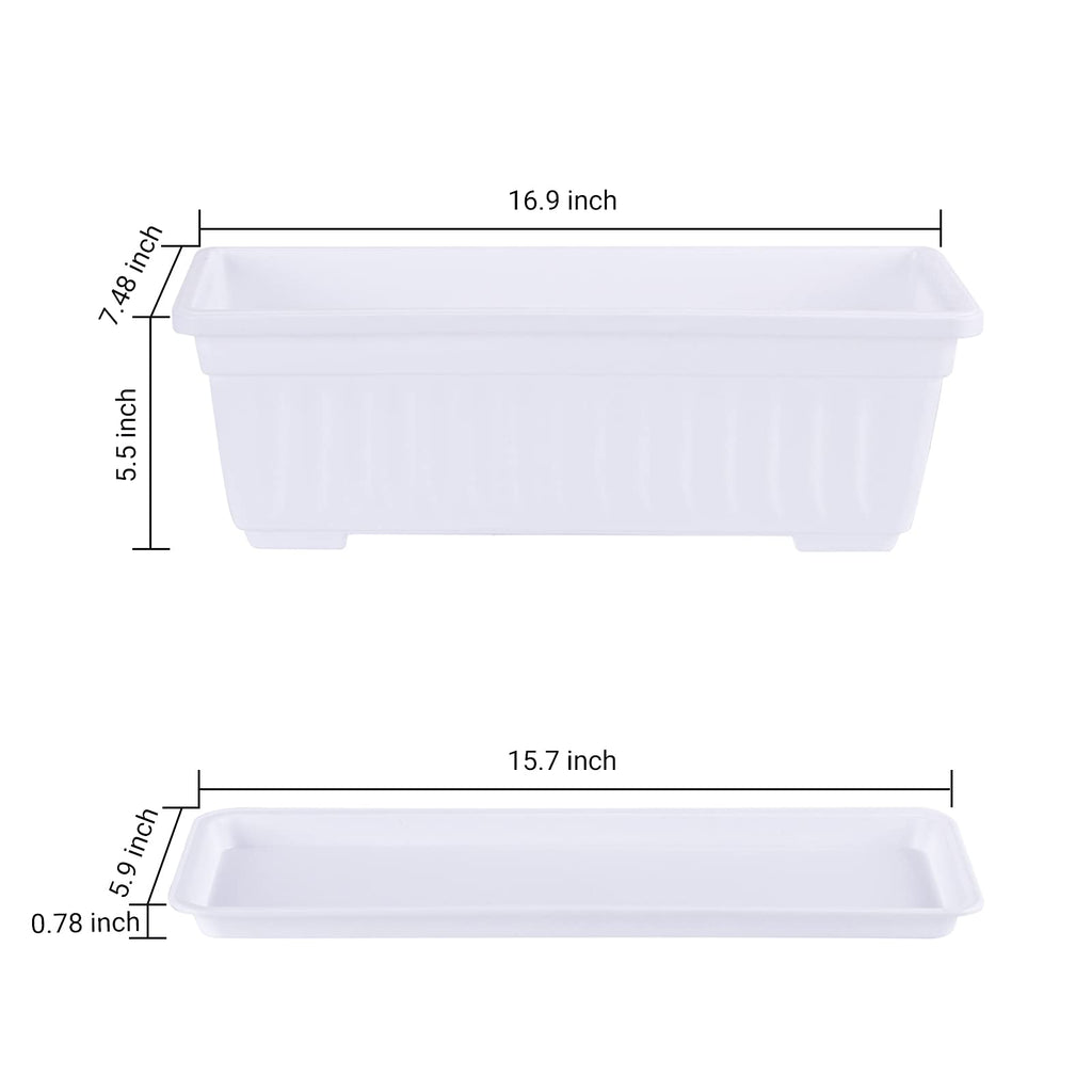 Rectangle Plastic Flower Boxes, 3 Pack Large Long Planter 16.9x7.48 Inch Morden Thicken Vegetable Plant Pot with Tray