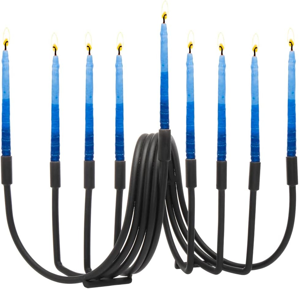 Black Swirl , Hanukkah Candle Holder, 9-Arm Metal for Festival of Lights Décor, 12X6