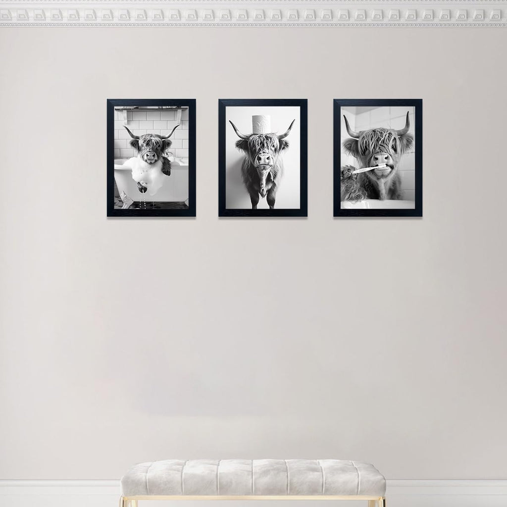 Highland Cow Bathroom Decor Framed Wall Art Farmhouse Black and White 3pcs Funny Animal In Toilet Picture Prints Cute