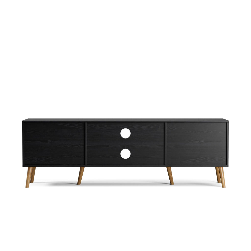 TV Stand with Rattan Doors for TVs up to 65", Mid-Century, Black